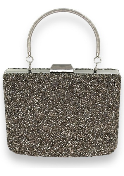 Antrasit Gri Platin Renk Taşlı Metal Saplı Büyük Boy Abiye Gece Çantası Nişan Düğün Davet Balo