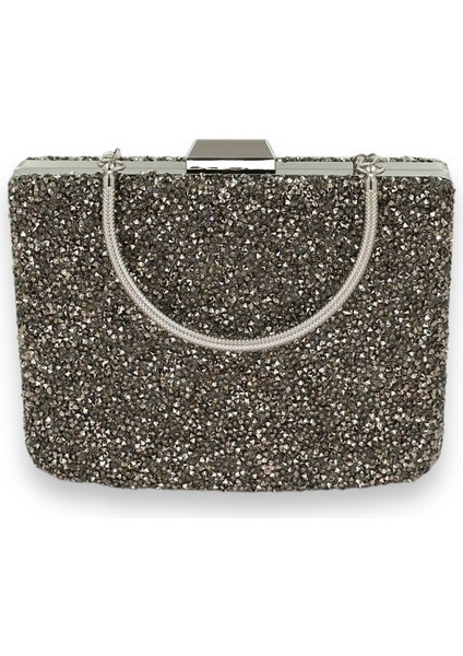 Antrasit Gri Platin Renk Taşlı Metal Saplı Büyük Boy Abiye Gece Çantası Nişan Düğün Davet Balo modelleri