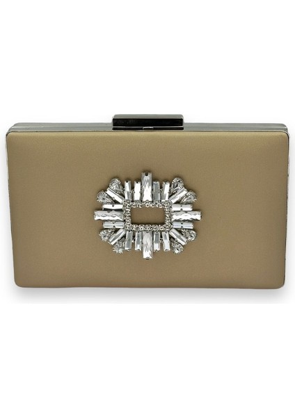 Gold Dore Altın Renk Çizilmeyen Saten Gümüş Taşlı Abiye Çanta Düğün Nişan Çantası