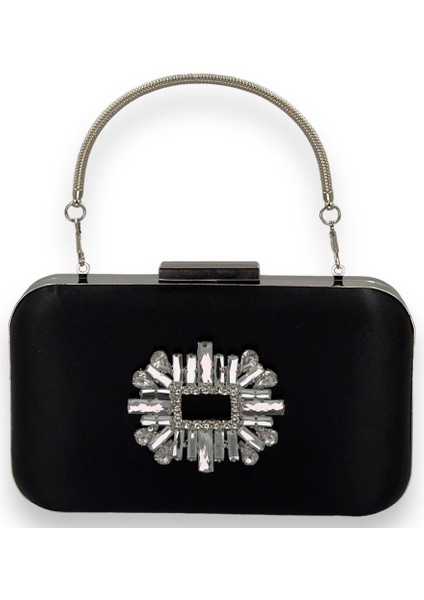 Siyah Renk Saten Gümüş Kasalı Gümüş Taşlı Kulplu Saplı Abiye Gece Çantası Düğün Portföy