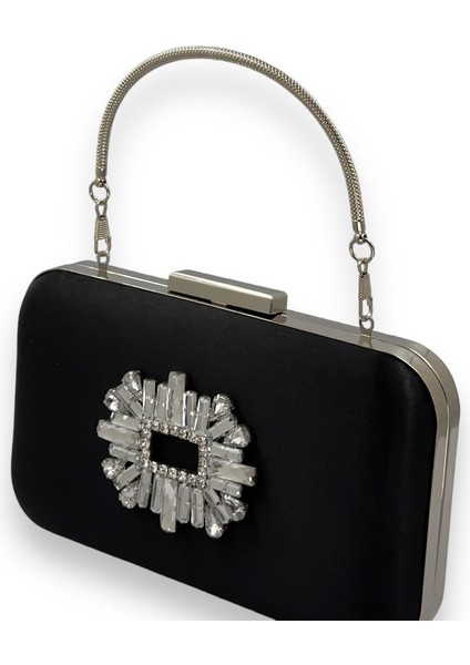 Siyah Renk Saten Gümüş Kasalı Gümüş Taşlı Kulplu Saplı Abiye Gece Çantası Düğün Portföy fiyatları