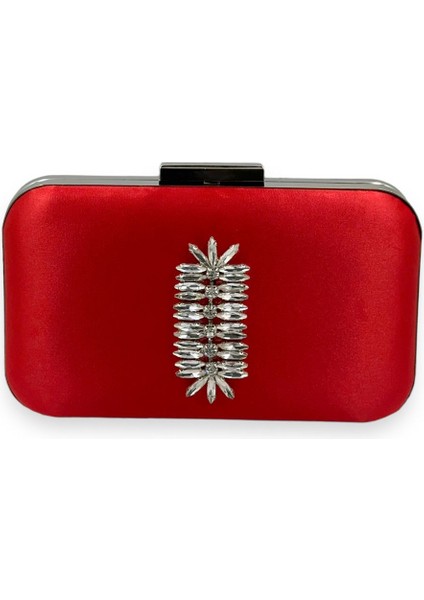 Kırmızı Renk Saten Gümüş Kasalı Gümüş Taşlı Abiye Çanta Gece Çantası Düğün Nişan Portföy