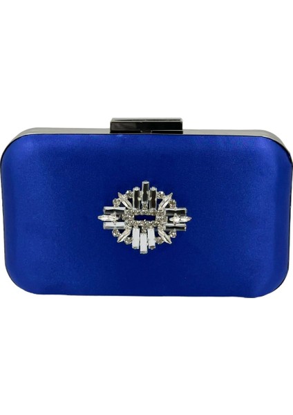 Saks Mavisi Renk Saten Gümüş Kasalı Gümüş Taşlı Abiye Çanta Gece Çantası Düğün Nişan Portföy