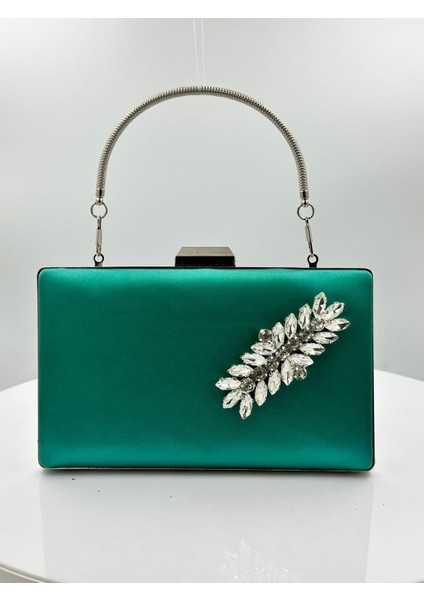 Yeşil Renk Saten Gümüş Kasalı Gümüş Taşlı Abiye Çanta Gece Çantası Düğün Nişan Portföy