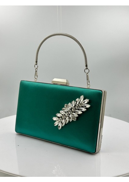 Yeşil Renk Saten Gümüş Kasalı Gümüş Taşlı Abiye Çanta Gece Çantası Düğün Nişan Portföy fiyatları