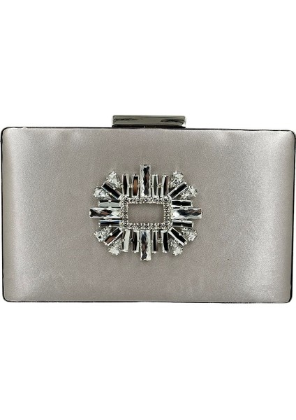 Vizon Renk Saten Gümüş Kasalı Gümüş Taşlı Abiye Çanta Gece Çantası Düğün Nişan Portföy