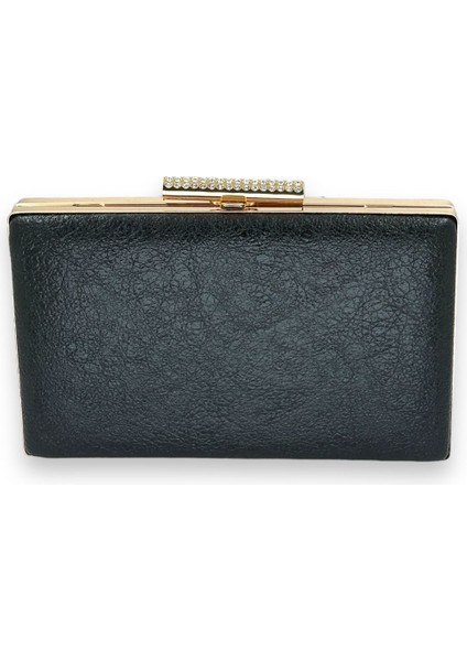 Siyah Kristal Desenli Mat Deri Metal Saplı Abiye Çanta Gece Çantası Kına Düğün Nişan Çantası