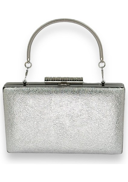 Kristal Desenli Gümüş Mat Deri Metal Saplı Abiye Çanta Gece Çantası Kına Düğün Nişan Çantası