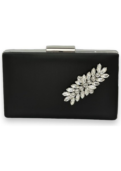 Siyah Renk Çizilmeyen Saten Gümüş Taşlı Abiye Çanta Düğün Nişan Çantası