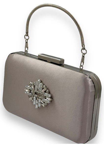 Vizon Renk Saten Gümüş Kasalı Gümüş Taşlı Kulplu Saplı Abiye Gece Çantası Düğün Portföy
