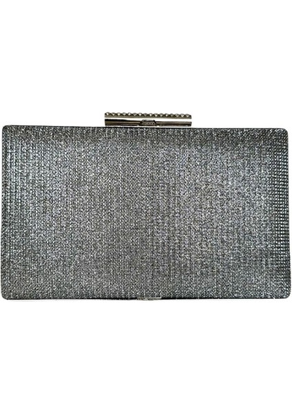 Platin Antrasit Gri Renk Simli Abiye Çanta Gece Çantası Nişan Düğün Çantası El Çantası