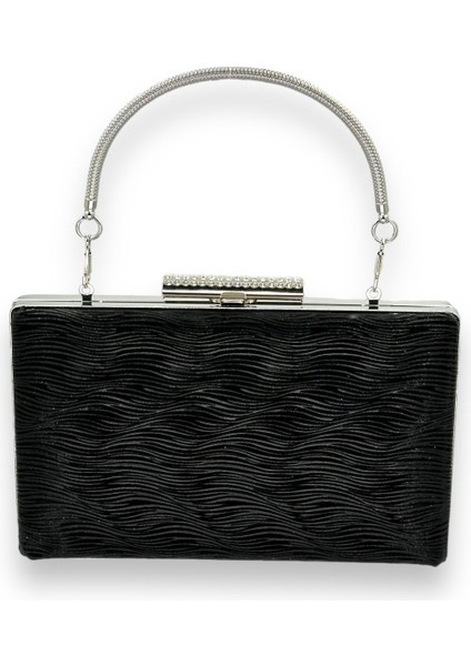 Siyah Renk Lazer Su Yolu Desenli Abiye Çanta Gece Çantası Düğün Nişan Kına Çantası