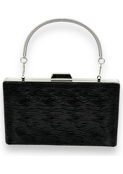 Siyah Renk Lazer Su Yolu Desenli Abiye Çanta Gece Çantası Düğün Nişan Kına Çantası