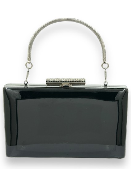 Siyah Renk Ayna Rugan Metal Saplı Abiye Çanta Gece Çantası Kına Düğün Nişan Balo Davet