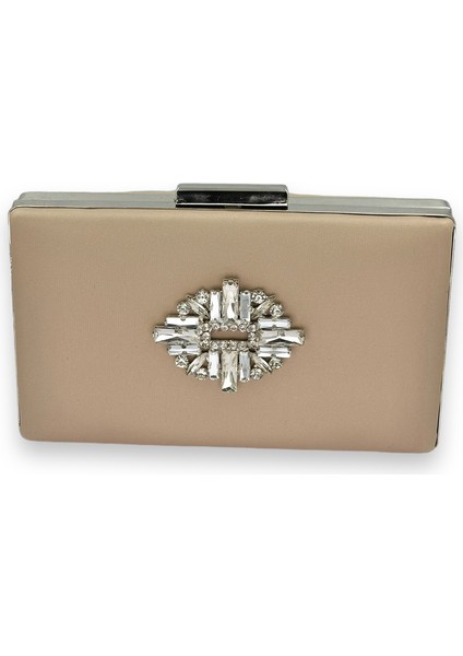 Vizon Rengi Çizilmeyen Saten Gümüş Taşlı Abiye Çanta Düğün Nişan Çantası