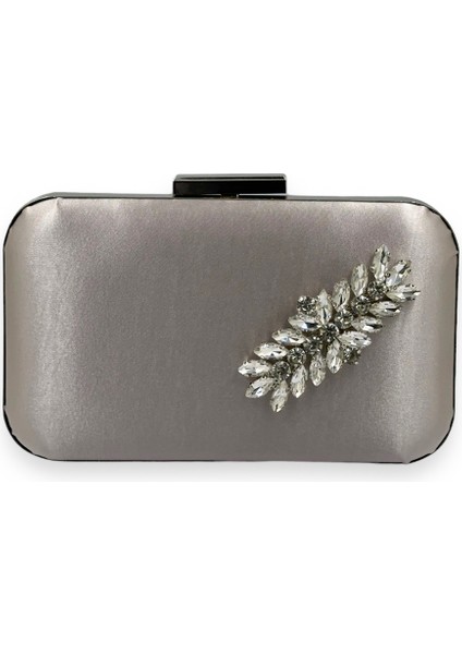 Vizon Renk Saten Gümüş Kasalı Gümüş Taşlı Abiye Çanta Gece Çantası Düğün Nişan Portföy