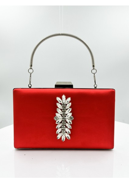 Kırmızı Renk Saten Gümüş Kasalı Gümüş Taşlı Abiye Çanta Gece Çantası Düğün Nişan Portföy