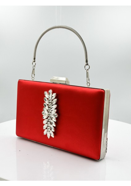 Kırmızı Renk Saten Gümüş Kasalı Gümüş Taşlı Abiye Çanta Gece Çantası Düğün Nişan Portföy fiyatları