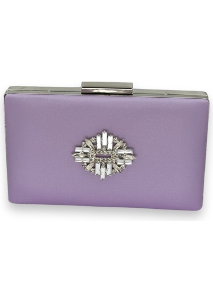 Lila Rengi Çizilmeyen Saten Gümüş Taşlı Abiye Çanta Düğün Nişan Çantası