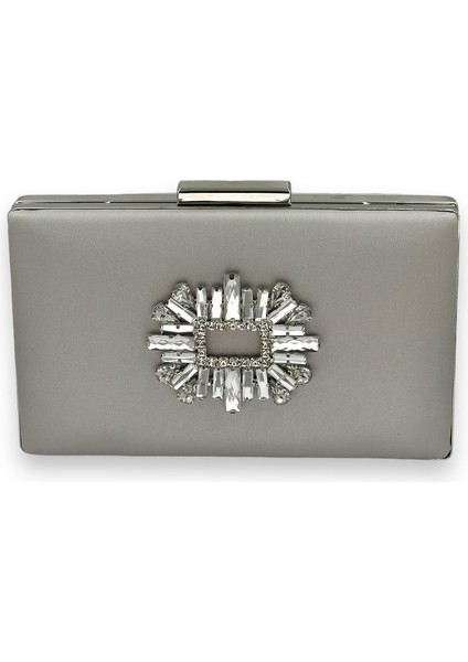 Gümüş Gri Renk Çizilmeyen Saten Gümüş Taşlı Abiye Çanta Düğün Nişan Çantası