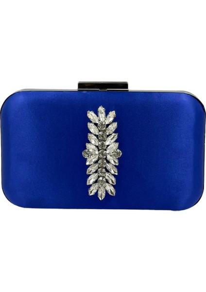 Saks Mavisi Renk Saten Gümüş Kasalı Gümüş Taşlı Abiye Çanta Gece Çantası Düğün Nişan Portföy