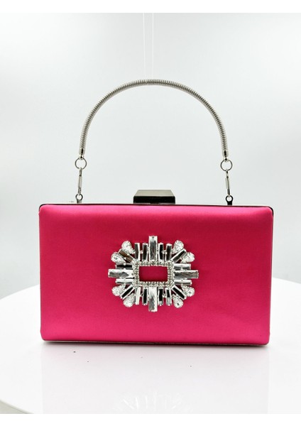 Fuşya Renk Saten Gümüş Kasalı Gümüş Taşlı Abiye Çanta Gece Çantası Düğün Nişan Portföy