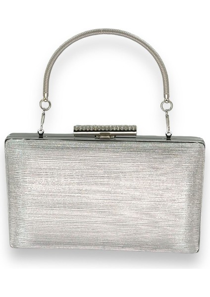 Gümüş Gri Renk Ithal Lazer Desenli Çizgili Metal Saplı Abiye Gece Çantası Nişan Düğün Davet Balo