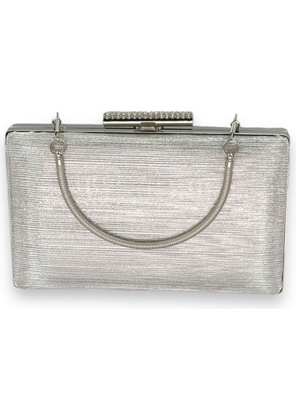 Gümüş Gri Renk Ithal Lazer Desenli Çizgili Metal Saplı Abiye Gece Çantası Nişan Düğün Davet Balo modelleri