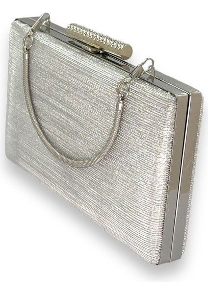 Gümüş Gri Renk Ithal Lazer Desenli Çizgili Metal Saplı Abiye Gece Çantası Nişan Düğün Davet Balo fırsatları