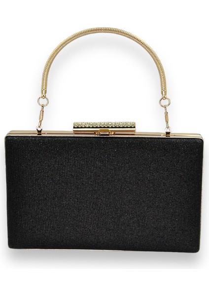 Siyah Renk Altın Kasalı Simleri Dökülmeyen Ithal Kumsim Metal Saplı Taşlı Kasalı Abiye Çanta