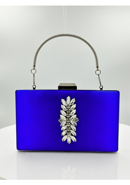Saks Mavisi Renk Saten Gümüş Kasalı Gümüş Taşlı Abiye Çanta Gece Çantası Düğün Nişan Portföy