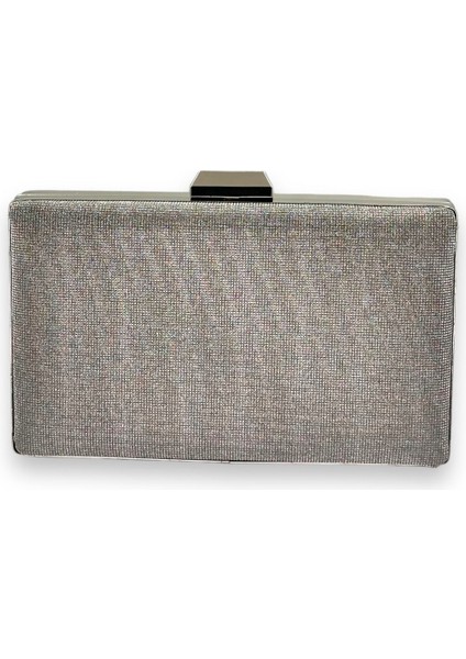 Platin Renk Lazer Desenli Dökülmeyen Simli Abiye Çanta Gece Çantası Kına Düğün Nişan