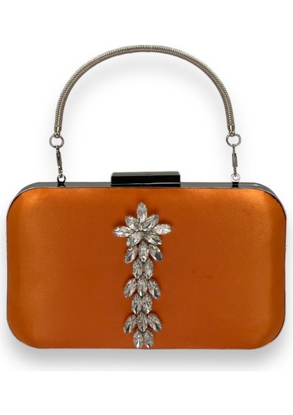 Turuncu Renk Saten Gümüş Kasalı Gümüş Taşlı Kulplu Saplı Abiye Gece Çantası Düğün Portföy