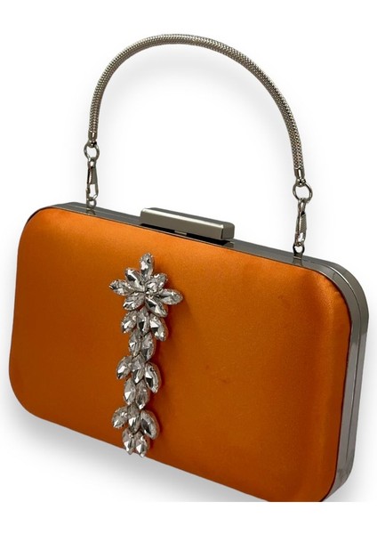 Turuncu Renk Saten Gümüş Kasalı Gümüş Taşlı Kulplu Saplı Abiye Gece Çantası Düğün Portföy fiyatları