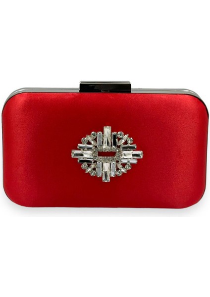 Kırmızı Renk Saten Gümüş Kasalı Gümüş Taşlı Abiye Çanta Gece Çantası Düğün Nişan Portföy
