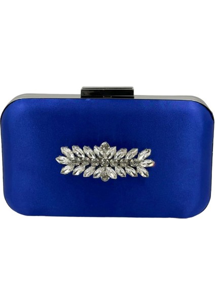 Saks Mavisi Renk Saten Gümüş Kasalı Gümüş Taşlı Abiye Çanta Gece Çantası Düğün Nişan Portföy