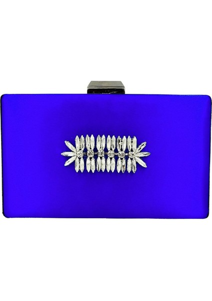 Saks Mavisi Renk Saten Gümüş Kasalı Gümüş Taşlı Abiye Çanta Gece Çantası Düğün Nişan Portföy