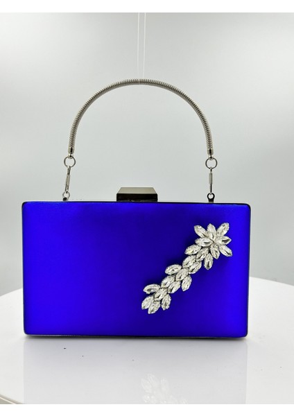 Saks Mavisi Renk Saten Gümüş Kasalı Gümüş Taşlı Abiye Çanta Gece Çantası Düğün Nişan Portföy