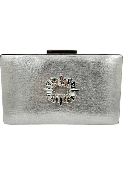 Gümüş Lame Renk Saten Kasalı Gümüş Taşlı Abiye Çanta Gece Çantası Düğün Nişan Portföy