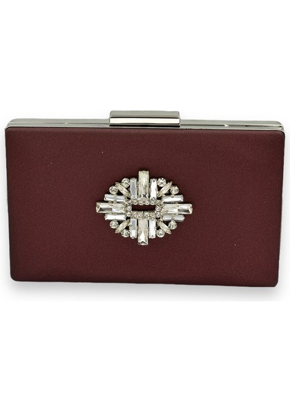 Bordo Renk Çizilmeyen Saten Gümüş Taşlı Abiye Çanta Düğün Nişan Çantası