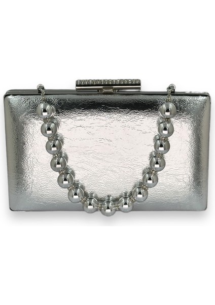 Gümüş Gri Inci Saplı Kırışık Rugan Abiye Çantası Gece Çantası Düğün Nişan Kına Çantası