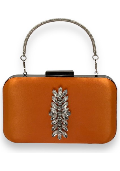 Turuncu Renk Saten Gümüş Kasalı Gümüş Taşlı Kulplu Saplı Abiye Gece Çantası Düğün Portföy