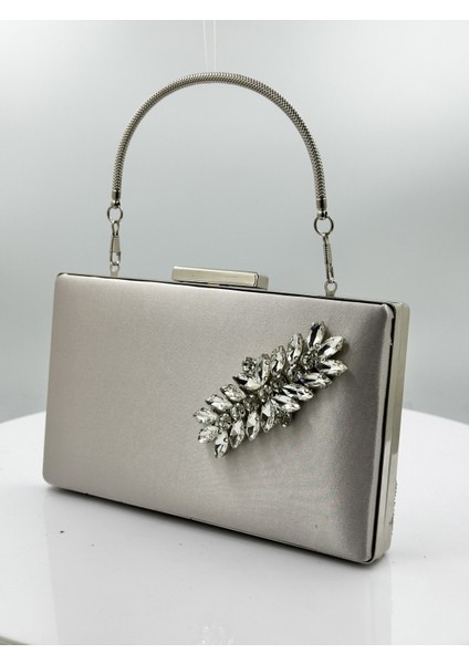 Vizon Renk Saten Gümüş Kasalı Gümüş Taşlı Abiye Çanta Gece Çantası Düğün Nişan Portföy