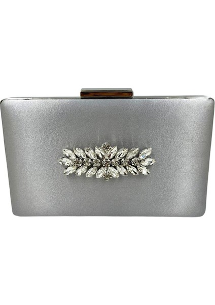 Vizon Renk Saten Gümüş Kasalı Gümüş Taşlı Abiye Çanta Gece Çantası Düğün Nişan Portföy