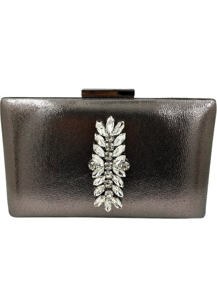 Antrasit Gri Platin Renk Gümüş Kasalı Gümüş Taşlı Abiye Çanta Gece Çantası Düğün Nişan Portföy