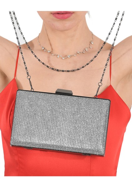 Antrasit Gri Platin Renk Simli Abiye Çanta Gece Çantası Nişan Düğün Çantası modelleri