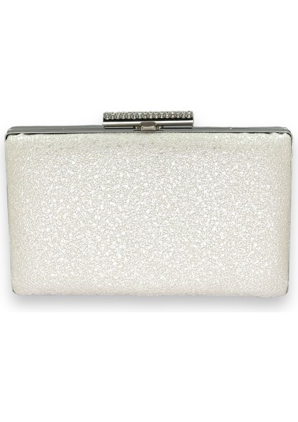 Sedef Ekru Kristal Desenli Mat Deri Metal Saplı Abiye Çanta Gece Çantası Kına Düğün Nişan Çantası