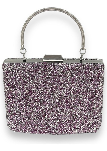 Lila Renk Taşlı Metal Saplı Büyük Boy Abiye Gece Çantası Nişan Düğün Davet Balo