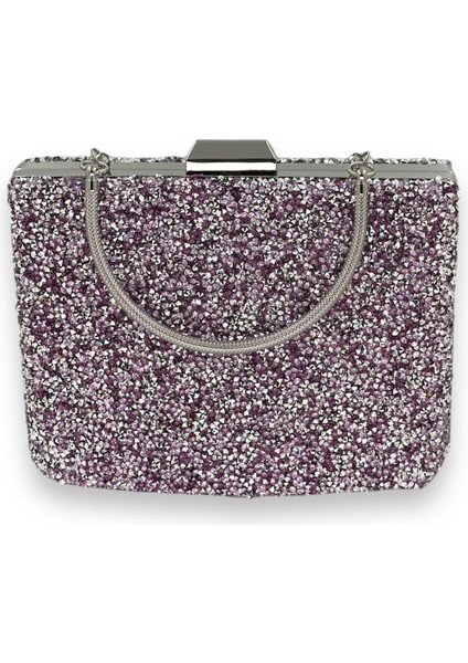 Lila Renk Taşlı Metal Saplı Büyük Boy Abiye Gece Çantası Nişan Düğün Davet Balo modelleri