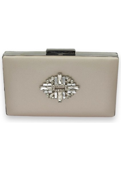 Ten Nude Rengi Çizilmeyen Saten Gümüş Taşlı Abiye Çanta Düğün Nişan Çantası